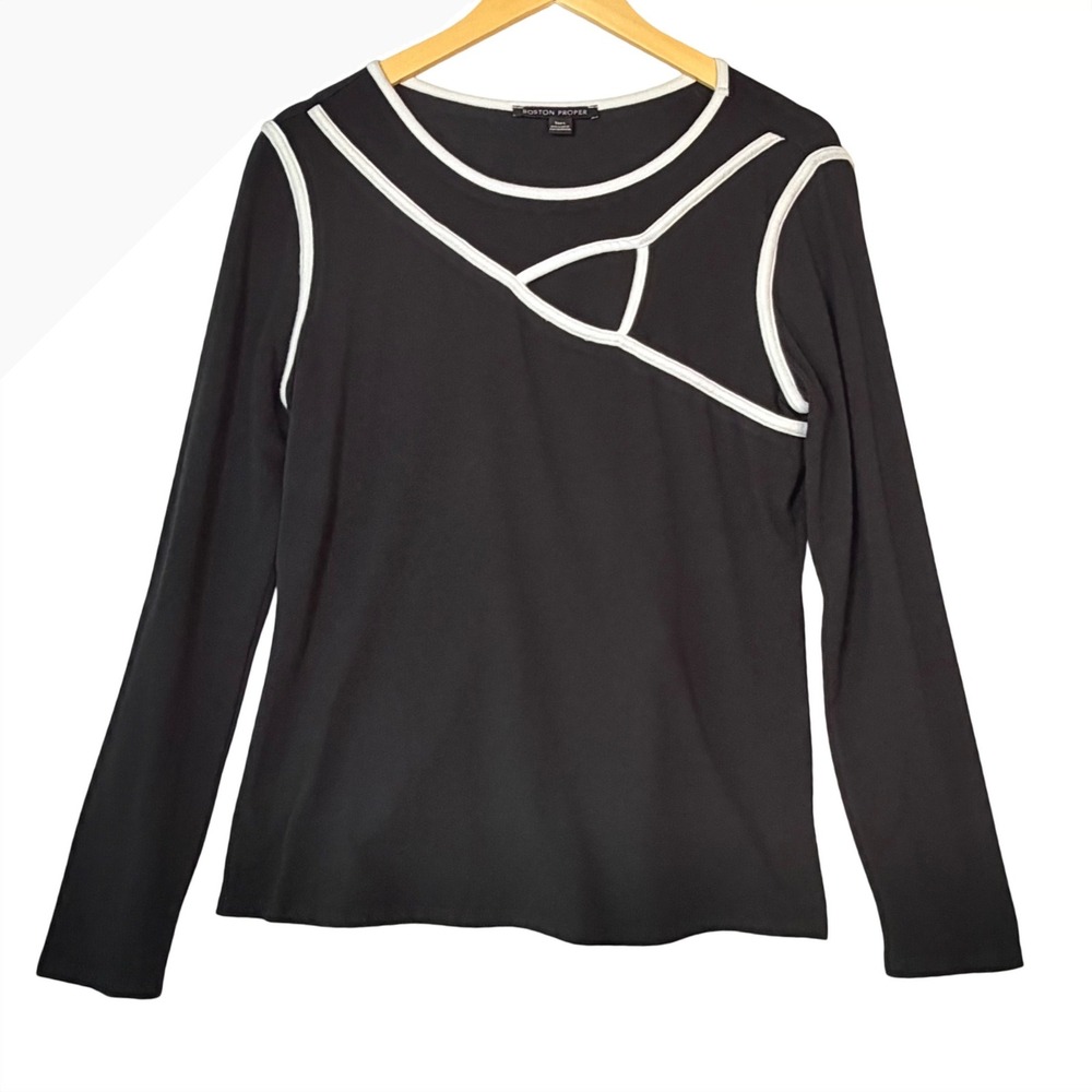 Boston Proper Womens Large Black White Contrast Trim‎ Asymmetrical Top